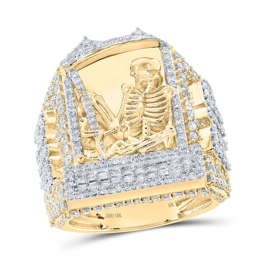 10K Yellow Gold Mens Round Diamond Skeleton Coffin RIP Fashion Ring 4 Cttw, Mens Size: 7-13