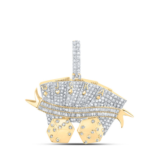 10K Yellow Gold Mens Round Diamond Royal Flush Card Dice Charm Pendant 2-1/2 Cttw