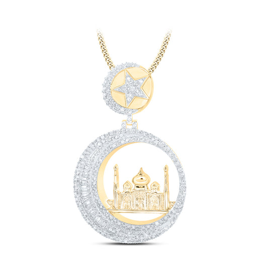 10K Yellow Gold Mens Round Diamond Crescent Star Mosque Masjid Charm Pendant 2 Cttw