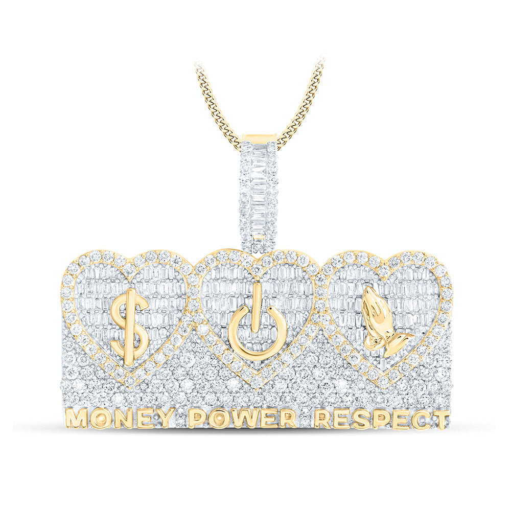10K Yellow Gold Mens Baguette Diamond MONEY POWER RESPECT Phrase Charm Pendant 3-3/8 Cttw