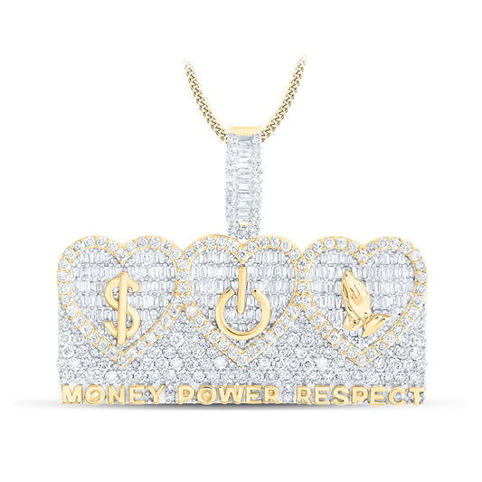 10K Yellow Gold Mens Baguette Diamond MONEY POWER RESPECT Phrase Charm Pendant 3-3/8 Cttw