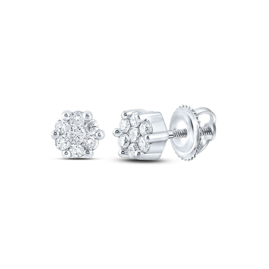 14K White Or Yellow Gold Womens Round Diamond Flower Cluster Earrings