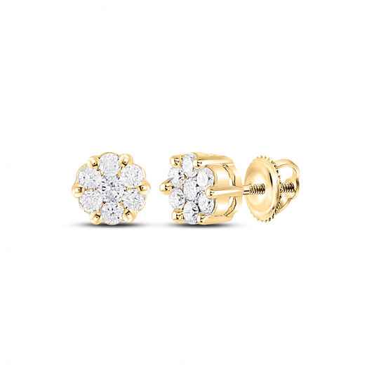 14K White Or Yellow Gold Womens Round Diamond Flower Cluster Earrings