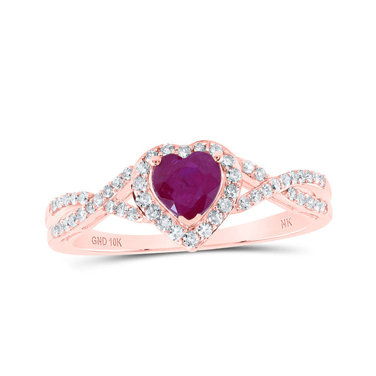 10K Yellow Or White Or Rose Gold Womens Heart Ruby Diamond Halo Ring , Womens Size: 5-10