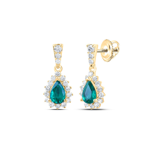 10K Yellow Gold Womens Pear Emerald Diamond Dangle Earrings 1-1/2 Cttw