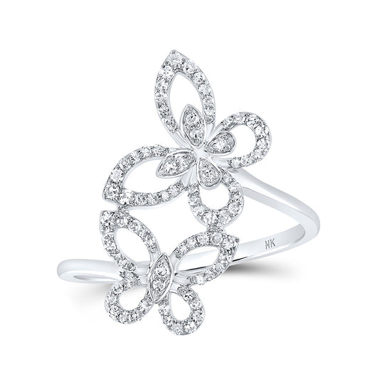 10K White Or Rose Gold Womens Round Diamond Double Butterfly Ring , Womens Size: 5-10
