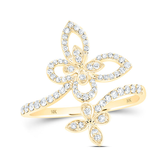 10K Yellow Gold Womens Round Diamond Bypass Butterfly Ring 1/3 Cttw, Womens Size: 5-10