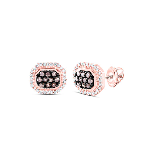 10K Rose Gold Womens Round Brown Diamond Octagon Earrings 1/4 Cttw