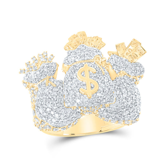 10K Yellow Gold Mens Round Diamond Money Bag Pinky Ring 4-3/4 Cttw, Mens Size: 7-13