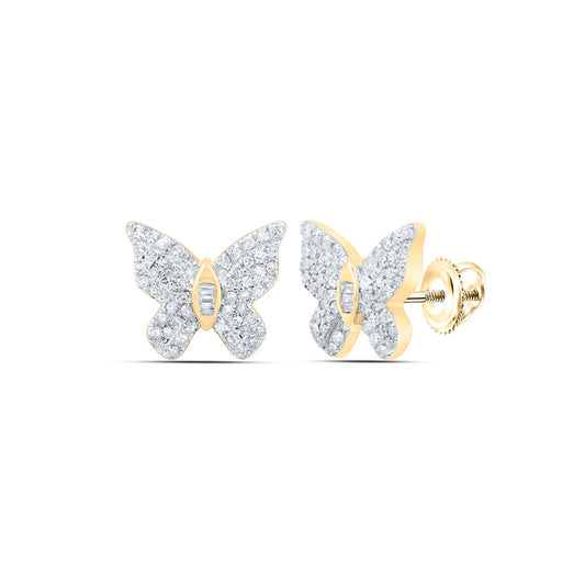 10K Yellow Gold Womens Round Diamond Butterfly Earrings 3/8 Cttw