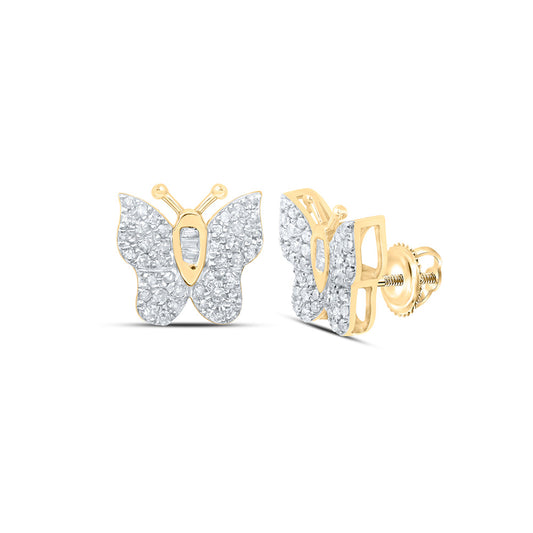 10K Yellow Gold Womens Baguette Diamond Butterfly Earrings 1/4 Cttw