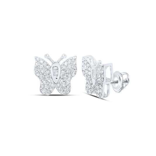 10K White Or Yellow Gold Womens Round Diamond Butterfly Earrings