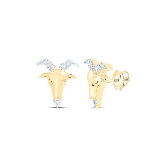 10K Yellow Gold Round Diamond Zodiac Aries Goat Stud Earrings 1/10 Cttw