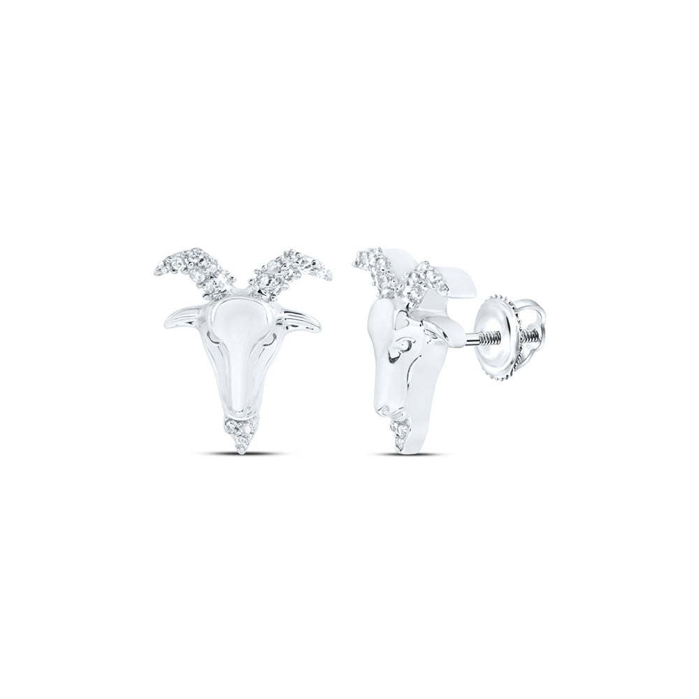 10K White Or Yellow Gold Round Diamond Zodiac Aries Goat Stud Earrings