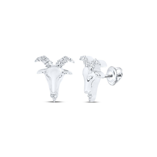 10K White Or Yellow Gold Round Diamond Zodiac Aries Goat Stud Earrings