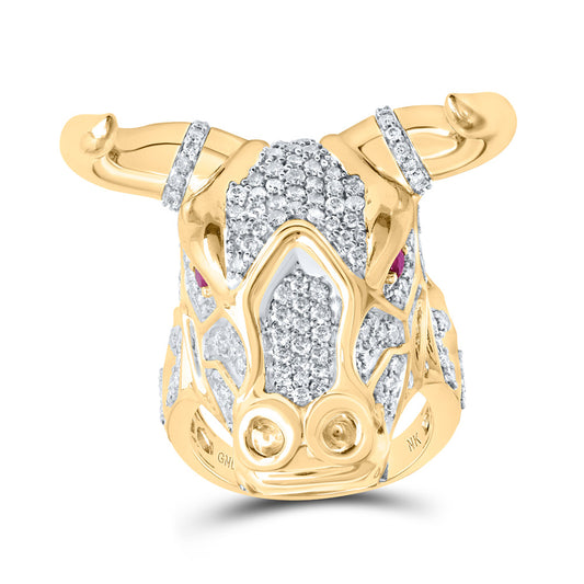 10K Yellow Gold Mens Round Ruby Diamond Bull Animal Ring 3-1/2 Cttw, Mens Size: 7-13
