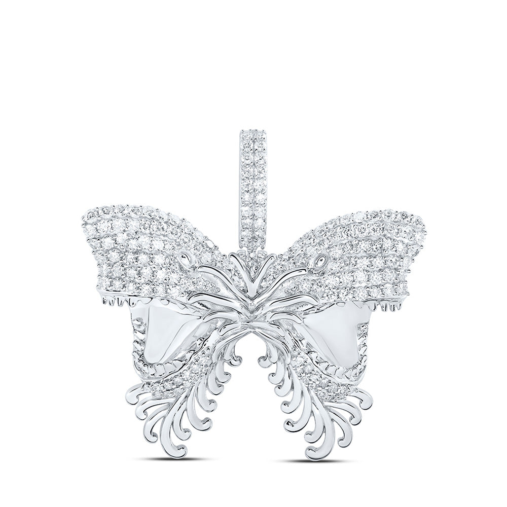 10K White Gold Mens Round Diamond Butterfly Charm Pendant 2-1/4 Cttw