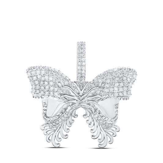 10K White Gold Mens Round Diamond Butterfly Charm Pendant 2-1/4 Cttw