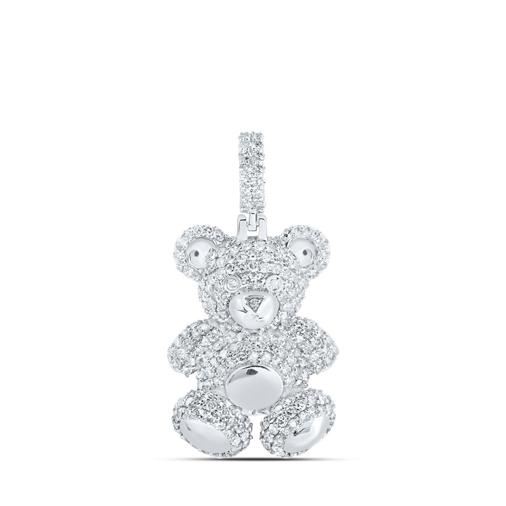 10K White Gold Mens Round Diamond Teddy Bear Charm Pendant 1-1/3 Cttw