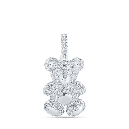 10K White Gold Mens Round Diamond Teddy Bear Charm Pendant 1-1/3 Cttw