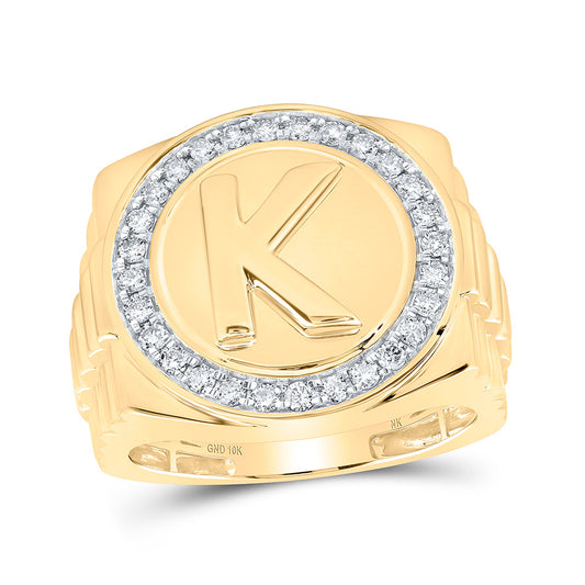 10K Yellow Gold Mens Round Diamond Letter K Circle Ring 1/2 Cttw, Mens Size: 7-13