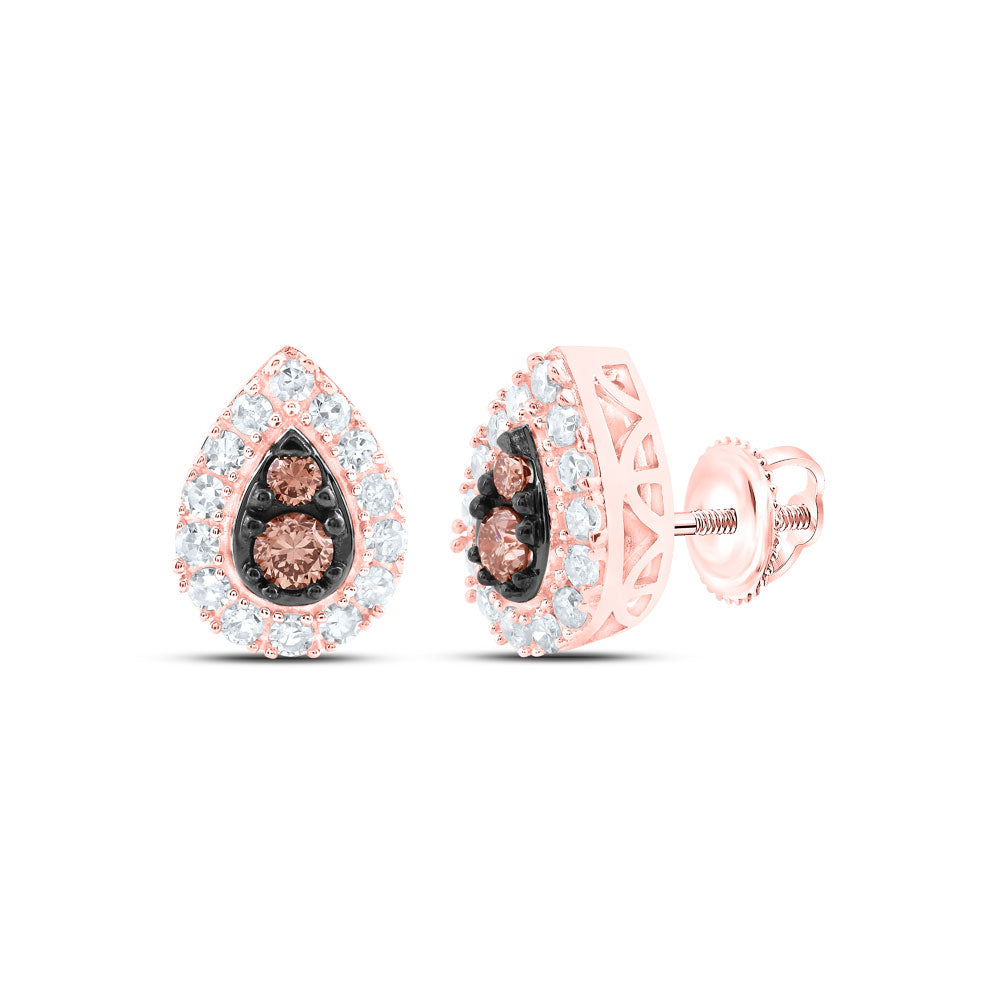 10K Rose Gold Womens Round Brown Diamond Teardrop Earrings 1/3 Cttw