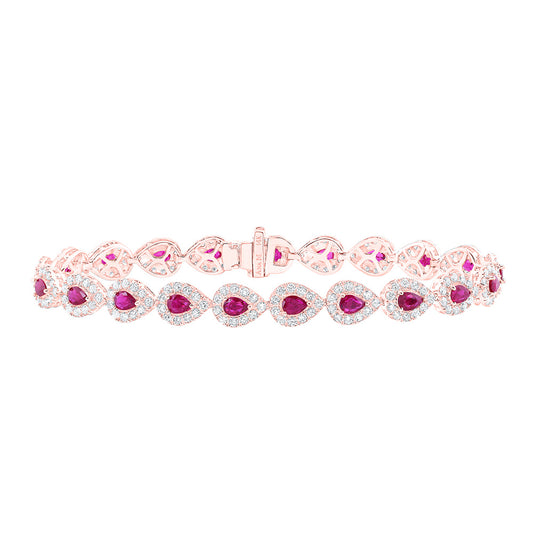 14K Rose Gold Womens Pear Ruby Diamond Tennis Bracelet 5-1/2 Cttw