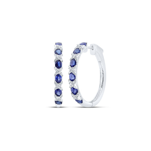 14K White Gold Womens Oval Blue Sapphire Diamond Hoop Earrings 3-1/3 Cttw