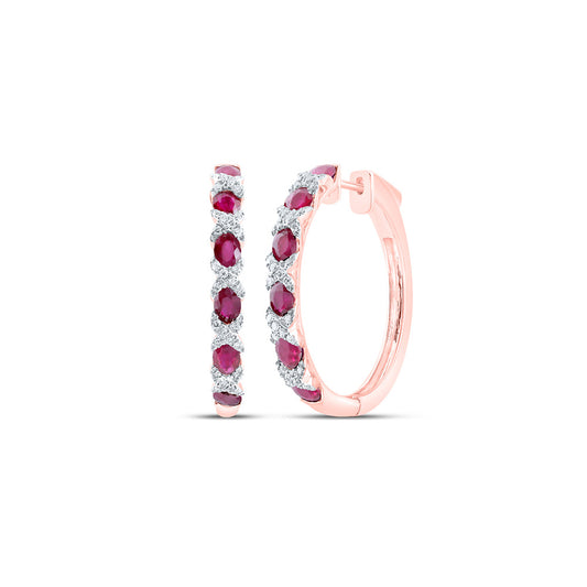 14K Yellow Or White Or Rose Gold Womens Oval Ruby Diamond Hoop Earrings