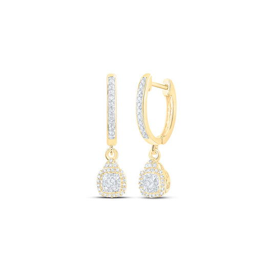 10K Yellow Gold Womens Round Diamond Hoop Dangle Earrings 1/4 Cttw