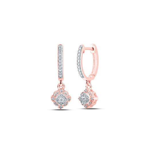 10K Yellow Or White Or Rose Gold Womens Round Diamond Hoop Dangle Earrings