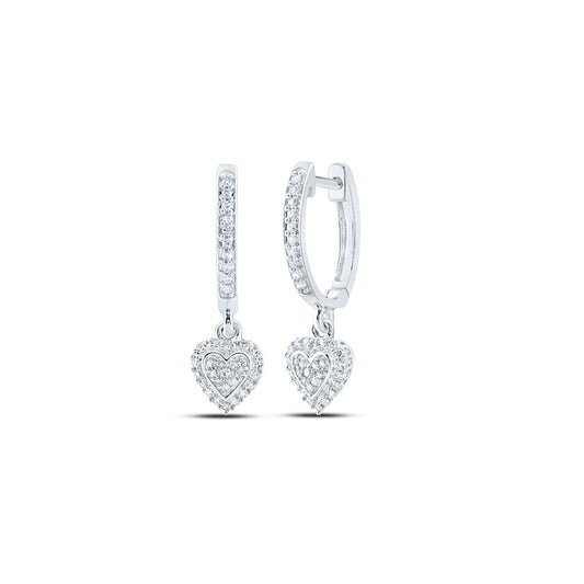 10K White Gold Womens Round Diamond Heart Hoop Dangle Earrings 1/4 Cttw