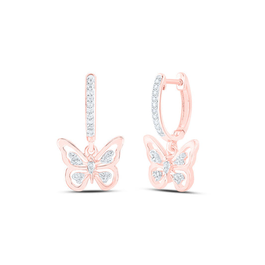 10K Yellow Or White Or Rose Gold Womens Round Diamond Butterfly Hoop Dangle Earrings
