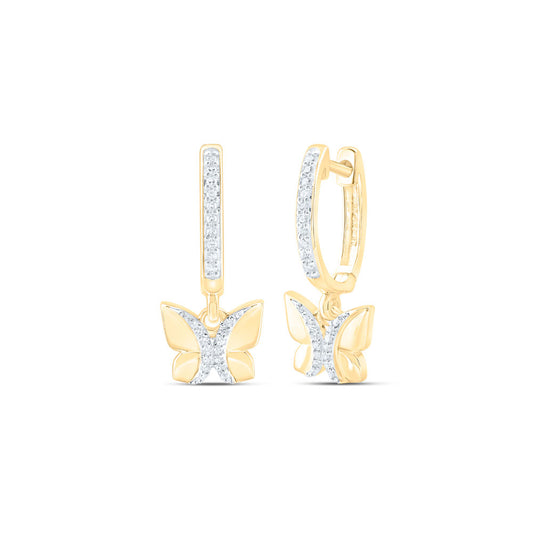 10K Yellow Gold Womens Round Diamond Butterfly Hoop Dangle Earrings 1/6 Cttw