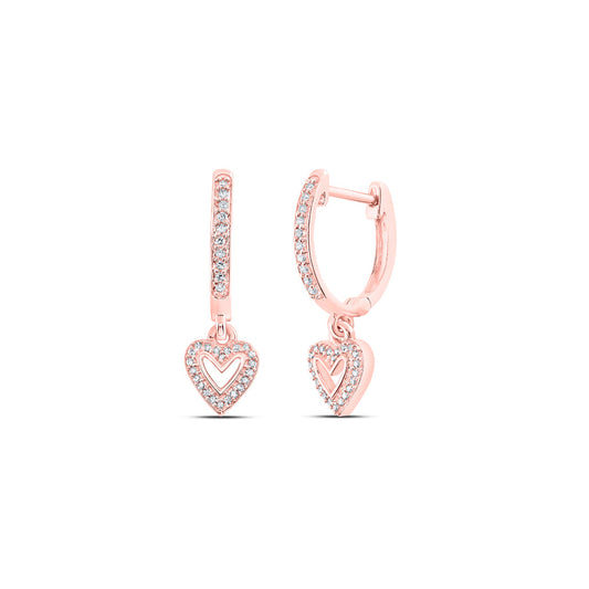 10K Rose Gold Womens Round Diamond Heart Hoop Dangle Earrings 1/6 Cttw