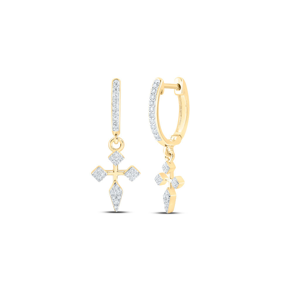 10K Yellow Or White Or Rose Gold Womens Round Diamond Cross Hoop Dangle Earrings
