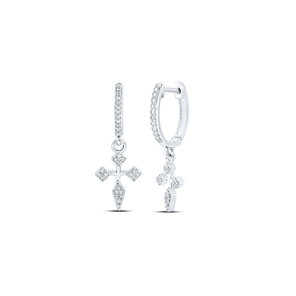 10K Yellow Or White Or Rose Gold Womens Round Diamond Cross Hoop Dangle Earrings