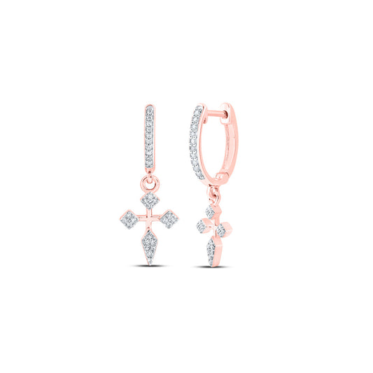 10K Yellow Or White Or Rose Gold Womens Round Diamond Cross Hoop Dangle Earrings