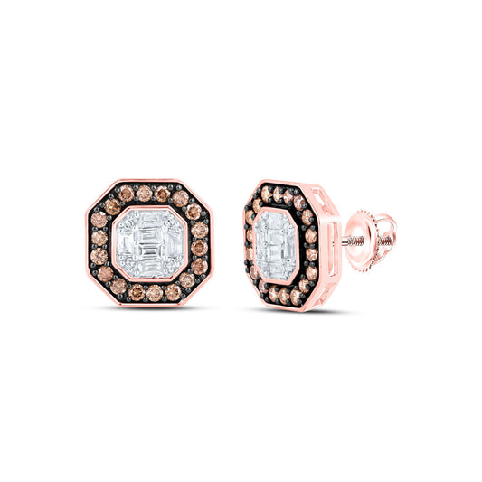 14K Rose Gold Womens Round Brown Diamond Octagon Earrings 3/4 Cttw