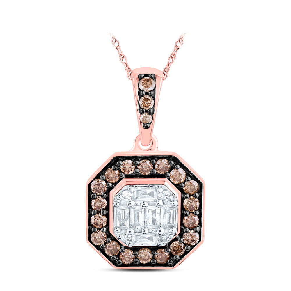 14K Rose Gold Womens Round Brown Diamond Octagon Pendant 3/8 Cttw
