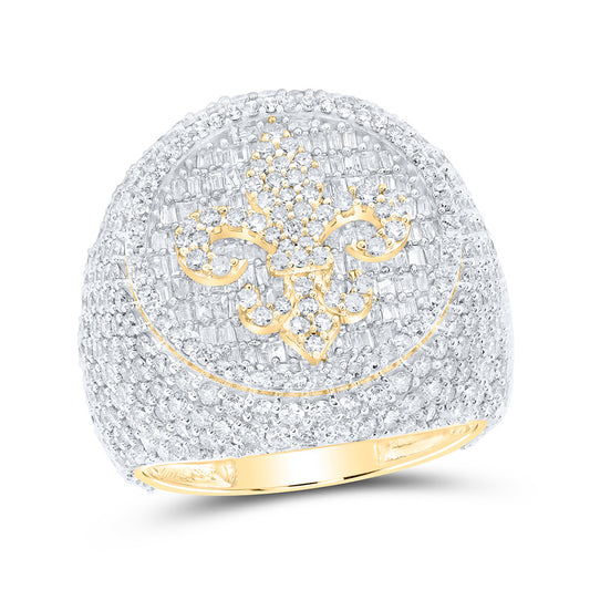 10K Yellow Gold Mens Baguette Diamond Fleur de Lis Circle Ring 5-3/4 Cttw, Mens Size: 7-13