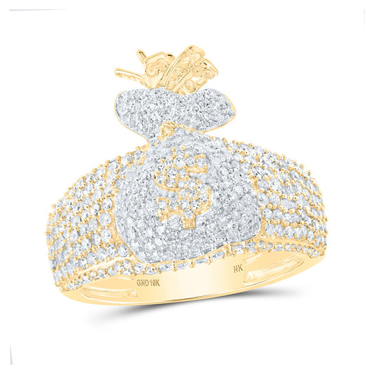 10K Yellow Gold Mens Round Diamond Money Bag Band Ring 1-7/8 Cttw, Mens Size: 7-13