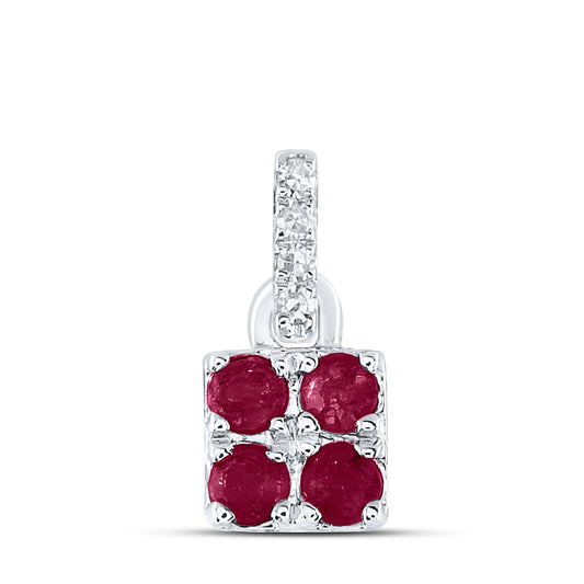 14K White Gold Womens Round Ruby Diamond Square Pendant 1/8 Cttw