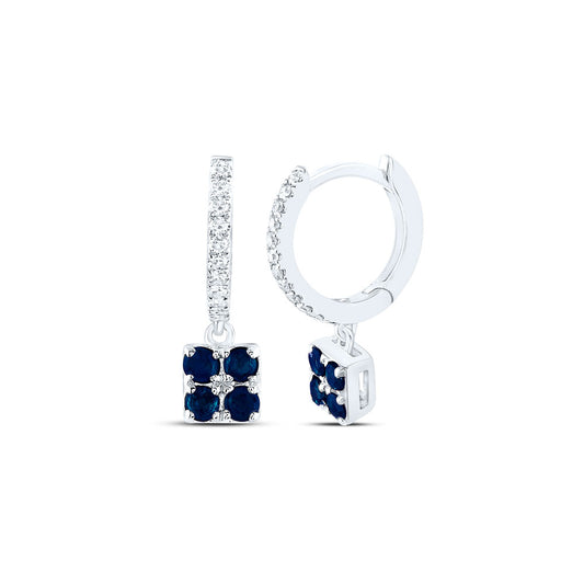 14K White Gold Womens Round Blue Sapphire Diamond Hoop Dangle Earrings 1/3 Cttw