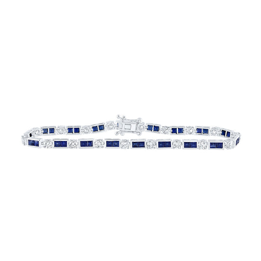 14K White Gold Womens Princess Blue Sapphire Diamond Tennis Bracelet 7-1/4 Cttw