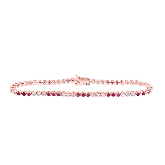14K Rose Gold Womens Round Ruby Diamond Single Row Tennis Bracelet 2-1/4 Cttw