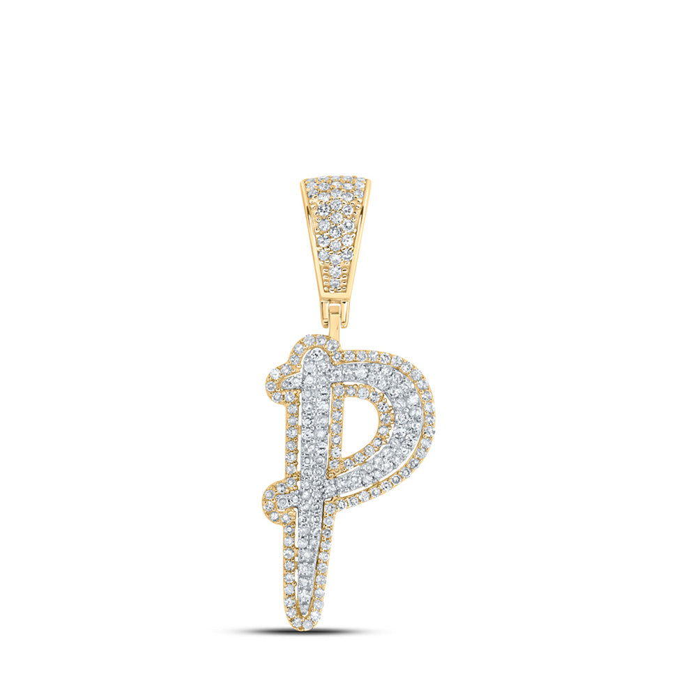 10K Two-tone Gold Mens Round Diamond Initial Letter Charm Pendant