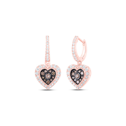 10K Yellow Or Rose Gold Womens Round Brown Diamond Heart Dangle Earrings