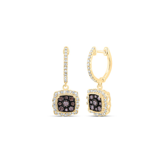 10K Yellow Gold Womens Round Diamond Square Hoop Dangle Earrings 7/8 Cttw