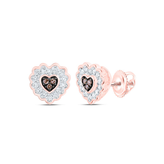 10K Rose Gold Womens Round Brown Diamond Heart Earrings 1/6 Cttw